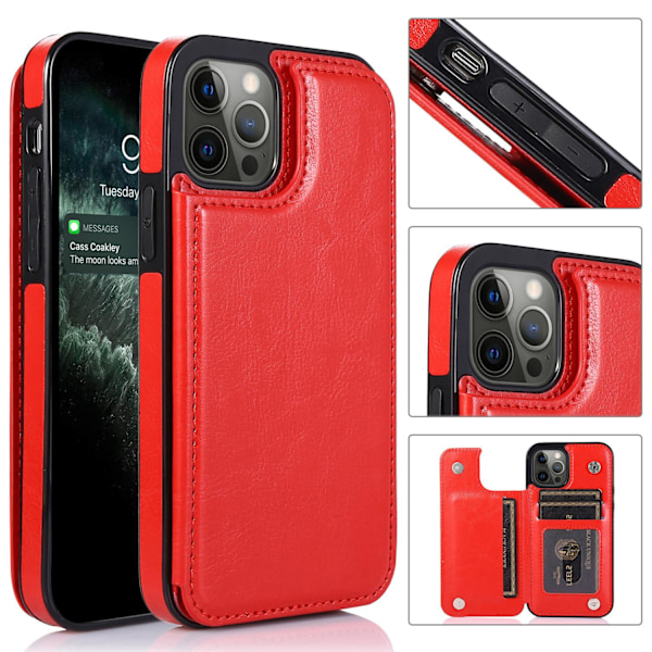 Etui for iPhone 15 Pro, lys rød, magnetisk kortholder, solid sidesticker