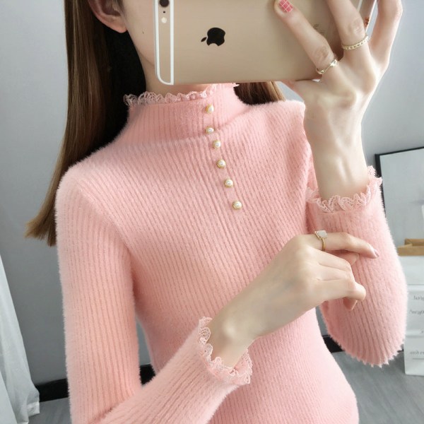 Strikkevarer for kvinner Høst Vinter Genser Mink Pels Halv Turtleneck Blonder Inner Match Tight Bottoming Shirt Pink M