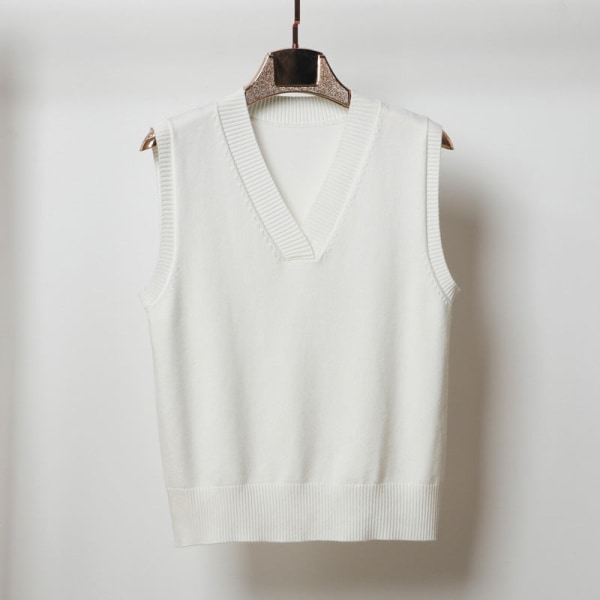 Damestrikk Høst Vinter Genser V-hals Pullover Vest Jakke Topp Ermeløs Ytre slitasje Tynn White 4XL