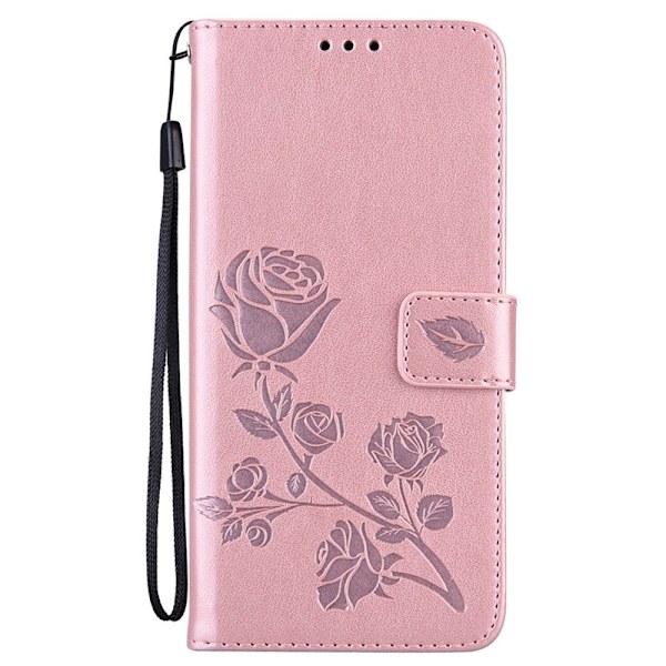 Etui til iPhone 16 Plus Rosaguld Rose Læder Etui med Prægede Blomster