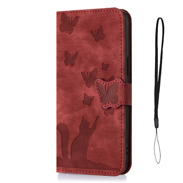 Fodral för iPhone 14 Fjärilskatt——Röd katt präglat läder flip kortplats