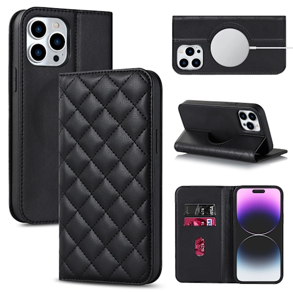 Fodral för iPhone 14 Pro svart läder trådlös laddning ins magnetiskt flip
