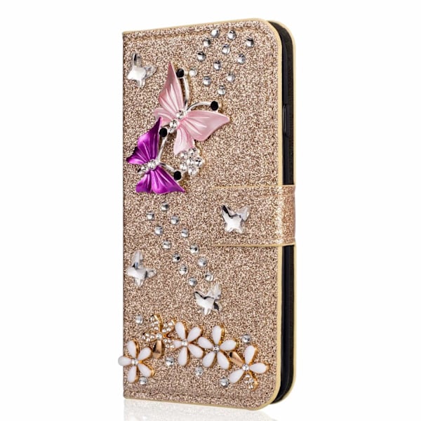 Etui til iPhone 13 Pro MAX guld glitter farverig sommerfugl rhinestone kort slot pung læder inlai