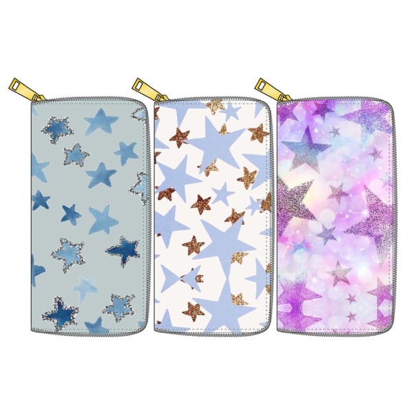 Star Pu Long Zip Soft Wallet Femtakket Star Wallet Print med lynlås Purple