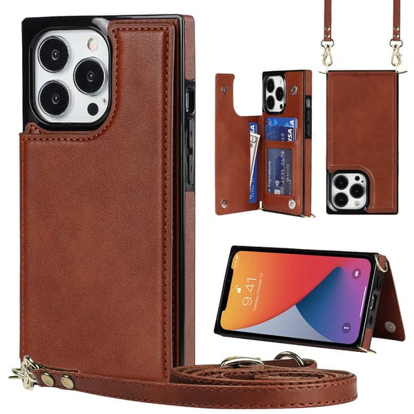 Etui til iPhone 14 Max kaffe glidelås kortholder myntpung solid rett kant