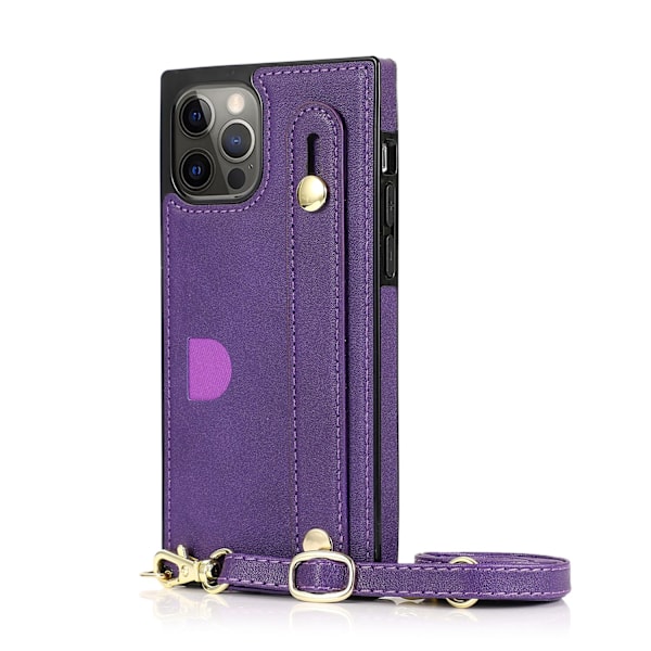 Kotelo iPhone 13 201:lle, violetti takakorttipaikka, kaulanauha, crossbody-pidike