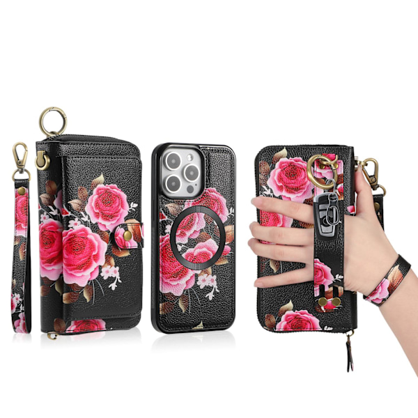 iPhone 16 -kotelo, musta ruusu, korttilompakko, nahkainen kaulanauha, retro, magneettinen