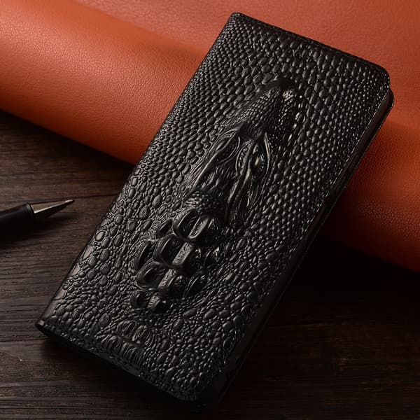 Fodral för iPhone15 Plus Alligator Head Svart Läder Flip