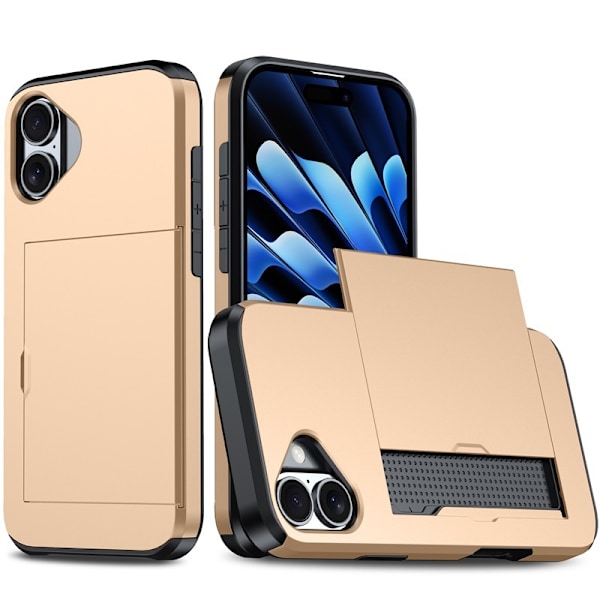 Kotelo iPhone 16e 6.1:lle, kultainen liukukorttipaikka, pudotussuojaava kova lompakko