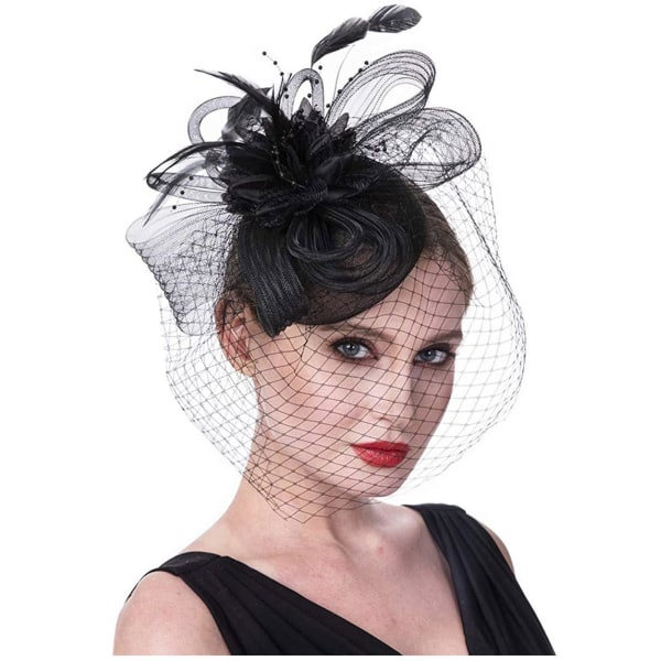 Beatit Kvinnor Flickor Mesh Fascinators Hatt Cocktail Party Pannband Huvudstycke Bröllopsmössa Black