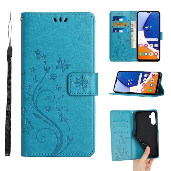 Fodral för iPhone 13 Mini blå liten fjäril präglat flip kortplats anti fall läder