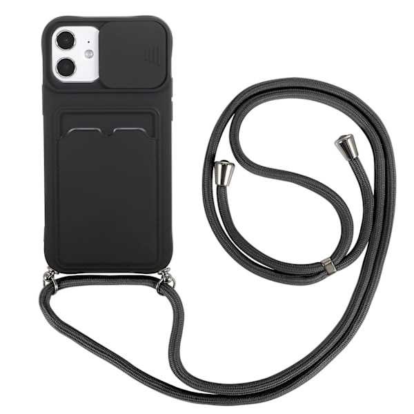 Kotelo iPhone 14:lle, musta, ihon tuntuinen korttipidike, liu'utettava ikkunapaikka, crossbody-kaulanauha, himmeä pehmeä
