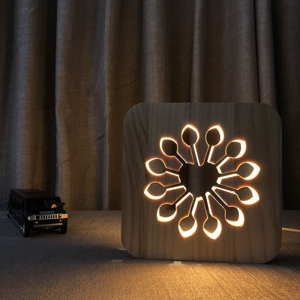 LED Wooden Carving Nattlys USB Power FloWers Print T1876