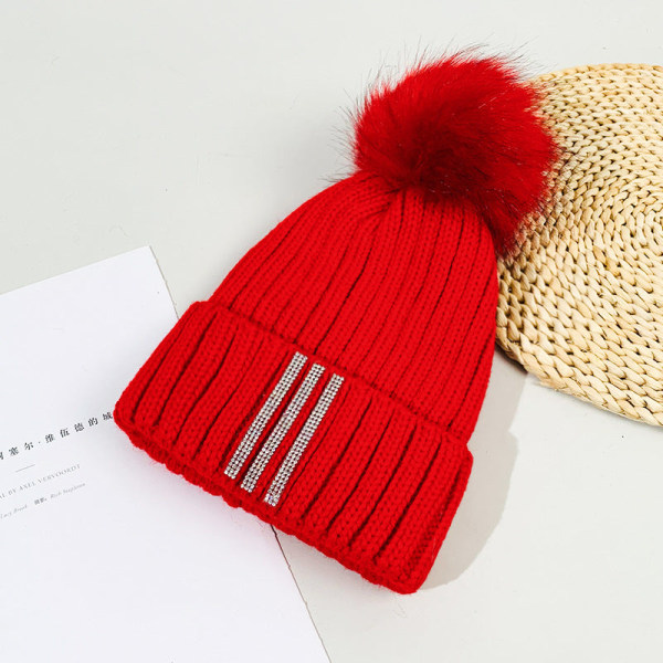 Varm vinter stickad mössa utomhus pälsboll Strassmössa höst och vinter koreansk stil unisex Bright red M