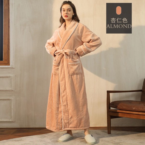 Autumn and winter flannel couple dressing gowns lengthened and thickened ladies' bathrobes apricot-female S/M size [length 120]