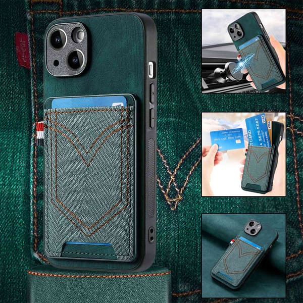 Etui til iPhone 13 grønt lær kortholder denimlomme