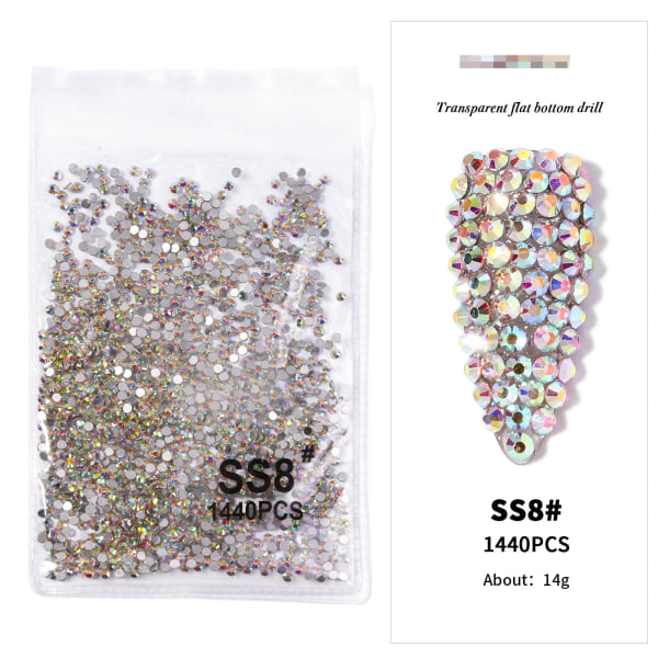 Negledekorasjoner for Nail Art Botting Drill Transparent AB Diamond DIY-dekorasjoner Gullbunn Sølvbunn SS8AB（2.4）1440