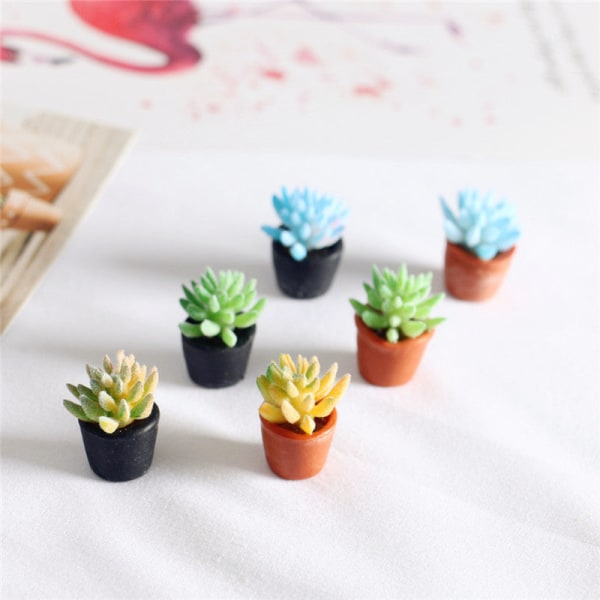 Miniatyrmøbler Leketøy Dukker Hus DIY Dekorasjon Tilbehør Mini sukkulentplanter Potte Blue succulent Black Basin