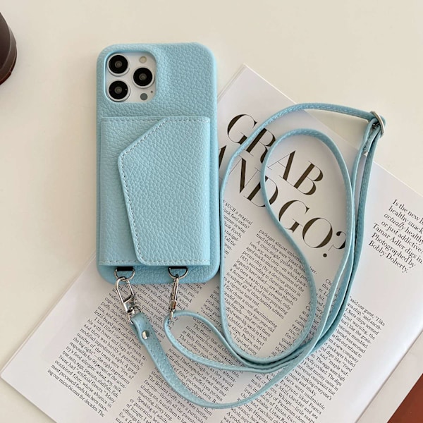 Etui til iPhone16 lychee mønster kortholder skønhedsspejl lanyard himmelblå japansk og koreansk l