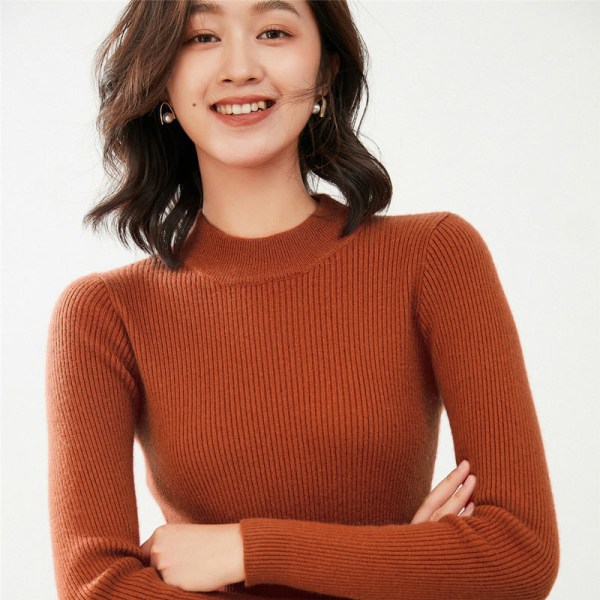 Women Knitwear Autumn Winter Sweater Half-High Collar Inner Match Base Shirt Solid Color Slim Fit Rust red L