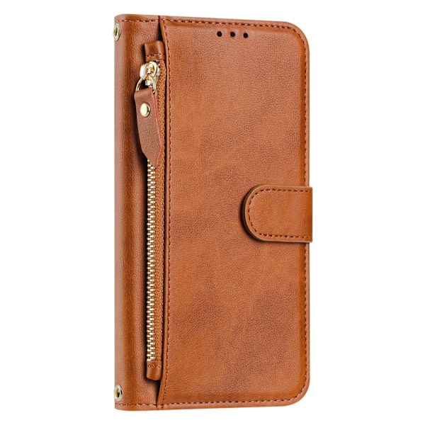 Etui til iPhone 14 Pro Max brun solid multi kort lynlås kortholder læder