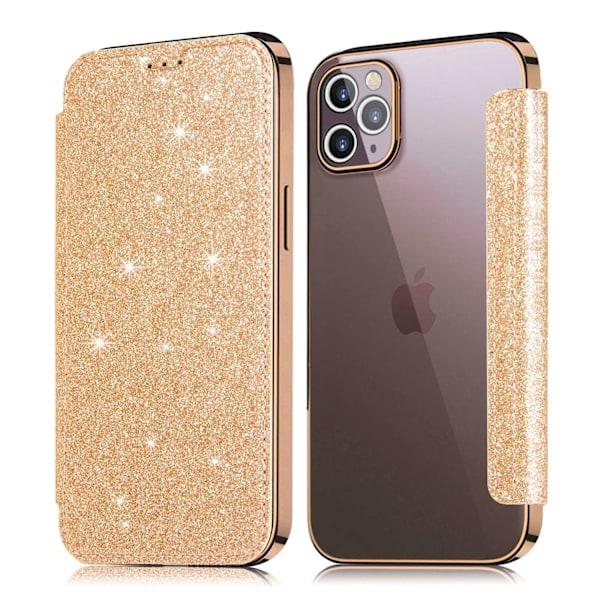 Skal för iPhone 14 Pro guldpläterat glitterläder transparent kortplats anti-fall