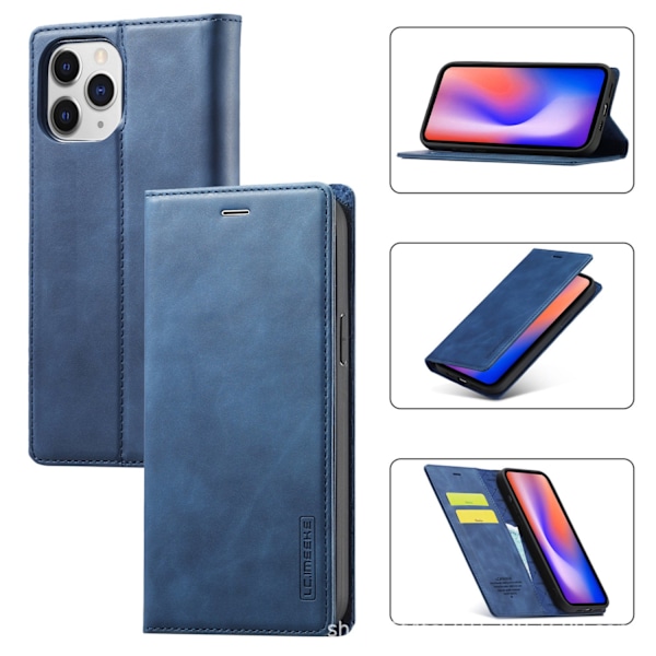 Kotelo iPhone 13promaxille, sininen, kaksoisimu, retro nahkainen korttipaikka, läppälompakko