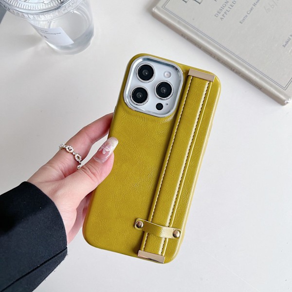 Fodral för iPhone15 ljusgul vaxläder handledsrem anti fall full metallring