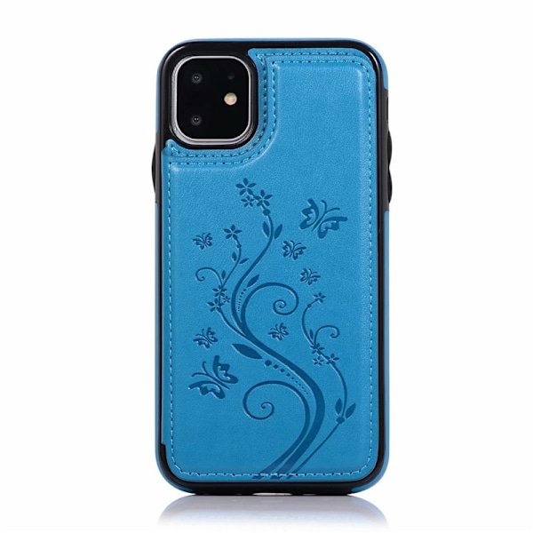 Etui til iPhone 14 mørkeblå dobbelt spænde præget sommerfugl læder stand wallet koreansk