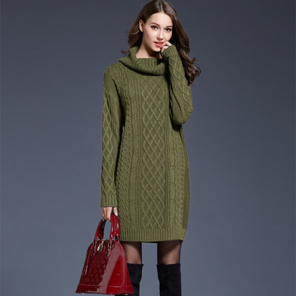 Kvinnor Stickad Wear Autumn Winter Sweater Plus Size Klänning Hög krage Lång Turtleneck Kvinna Army Green XXXL