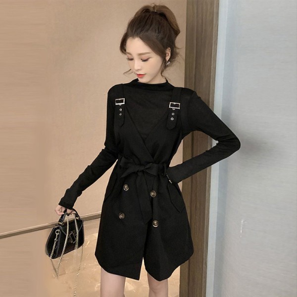 Kvinder strik efterår vinter sweater nederdel kjole sort bundskjorte langærmet todelt sæt Black (suspender skirt) L