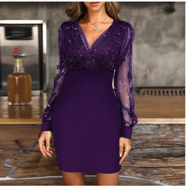 Mesh V-ringad paljettklänning Slim-Fit sexig klänning Purple M