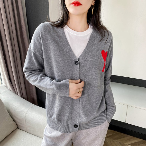 Kvinnor Stickat Höst Vinter Tröja Love Heart en V-ringad Hjärta Broderi Cardigan Jacka Camel L
