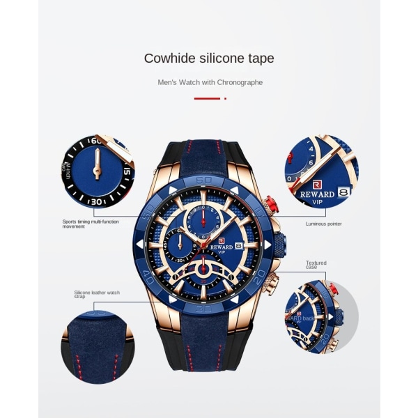 Herrklockor Watch Hudvänlig silikonband Kontrastfärggåva black surface Blue