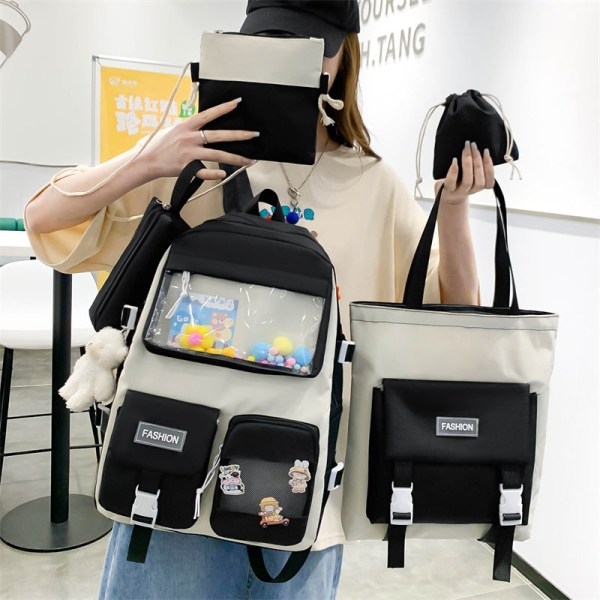 Student pige rygsæk skulder taske skoletaske Student Korean Four-Piece Canvas Campus Lightweight Yellow