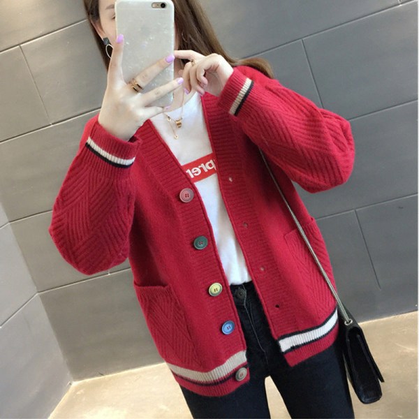 Damestrik efterår vinter sweater løs koreansk stil V-hals matchende lille cardigan frakke Red 58*100*45cm