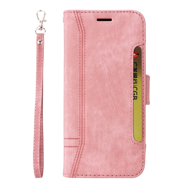 Etui til iPhone 13ProMax pink sidekort læder stor håndrem solid side