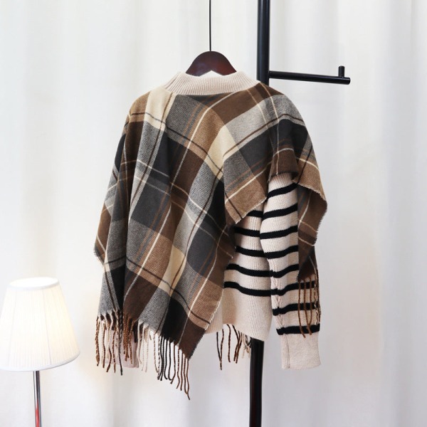 Strik til kvinder efterår vinter sweater falsk todelt sjal løs stribet sweater sweater Beige 56*114*49cm