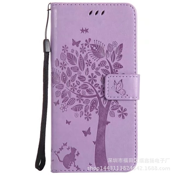 Kotelo iPhone 13 Pro Max -puhelimelle, vaaleanvioletti kohokuvioitu kissa- ja puuaiheinen korttipidike nahkaa