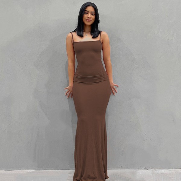 Dress Casual Slim Strap Home Long Dress Brown L
