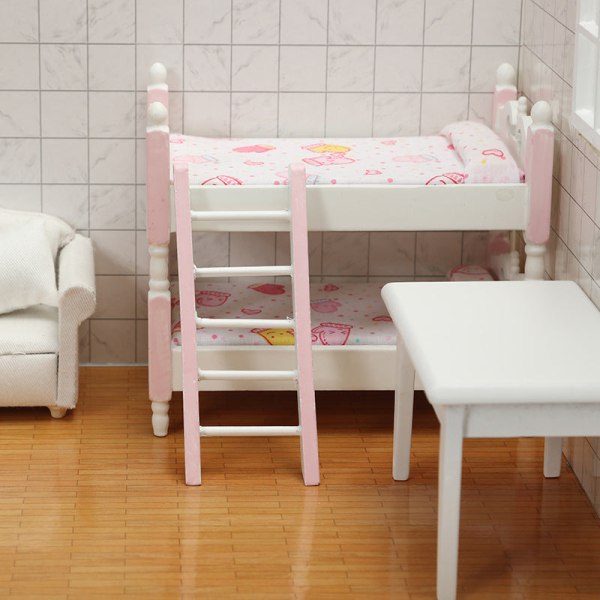 Miniatyrmöbler Leksak Doll House Gör-det-själv-dekoration Tillbehör Mini 1:12 Barns våningssäng Pink