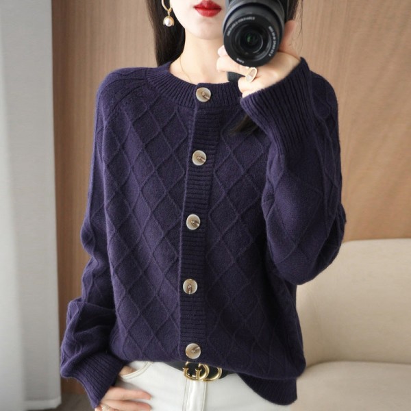 Kvinnor Stickat Höst Vinter Tröja Rundhalsad Rhombus Cardigan Lös Tröja Coat Navy blue M