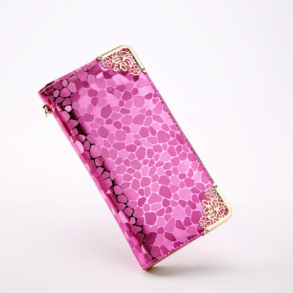 Koreansk stil steinmønster lang lommebok Pu glidelås Flere kortspor Single-pull clutch Pink