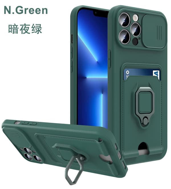 Etui til iPhone 13 Pro mørkegrønn multifunksjon skyvevindu ring kortholder