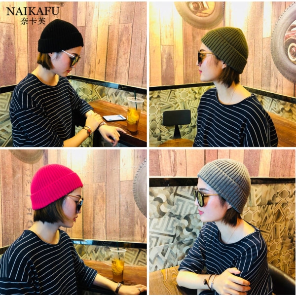 Varm vinterstrikk lue luer koreansk stil kvinner ensfarget ermehette unisex Flanging small hat-Carbon Black M