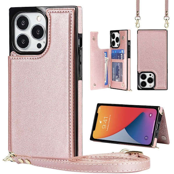 Etui til iPhone 14 Pro Max, roségull, glidelås, kortholder, myntpung, solid, rett kant