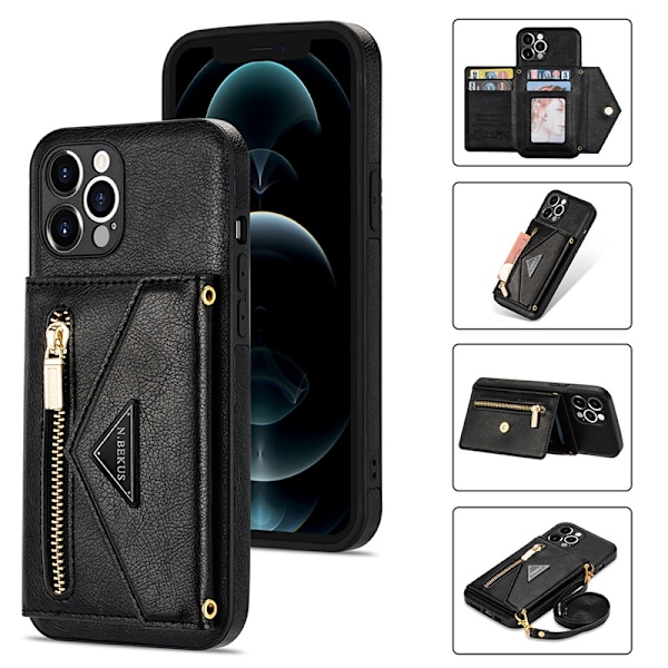 Fodral för iPhone 13 Mini Svart Crossbody Läder Multifunktionell Dragkedja Plånbok