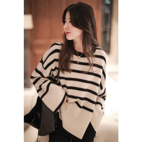 Kvinder Strik Efterår Vinter Sweater Løs stribet sweater Japansk stil Casual Slit Top Beige XL