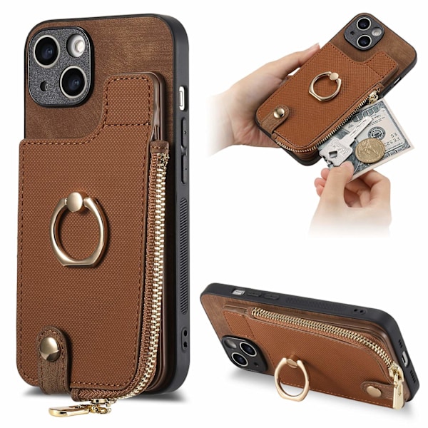 Etui til iPhone 15 brun solid kortholderring