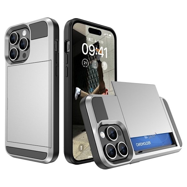 Fodral för iPhone15Plus skjutbart kortfack silver pansar
